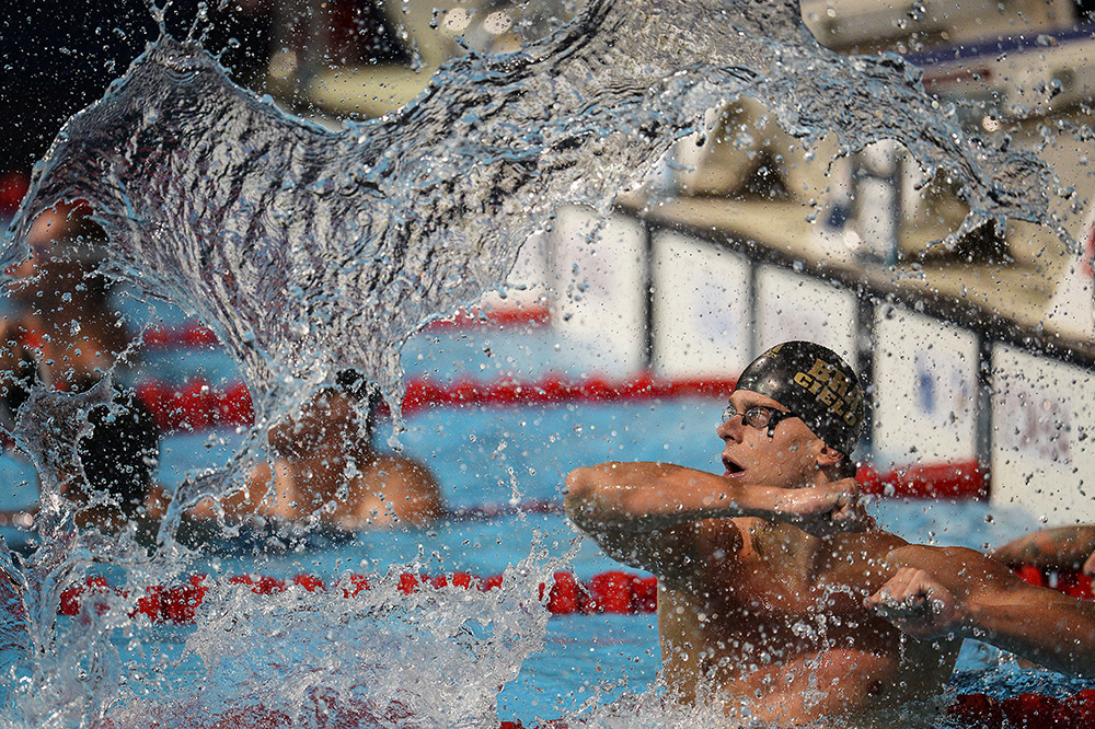 Brasilian athlete Cesar Cielo Filho is celebrating after winning the Men's 50 meter freestyle final at the FINA 2013 World Championships.