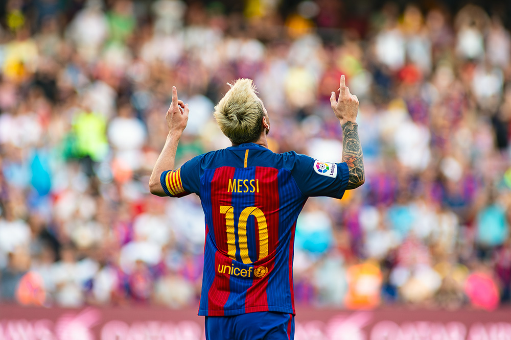 FC Barcelona player Lionel Messi reacts after scoring at Camp Nou Barcelona