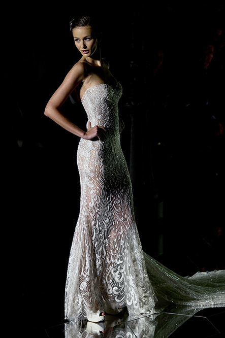 A model is pictured on the catwalk displaying a Pronovias creation, during the Barcelona Bridal Fashion Week 